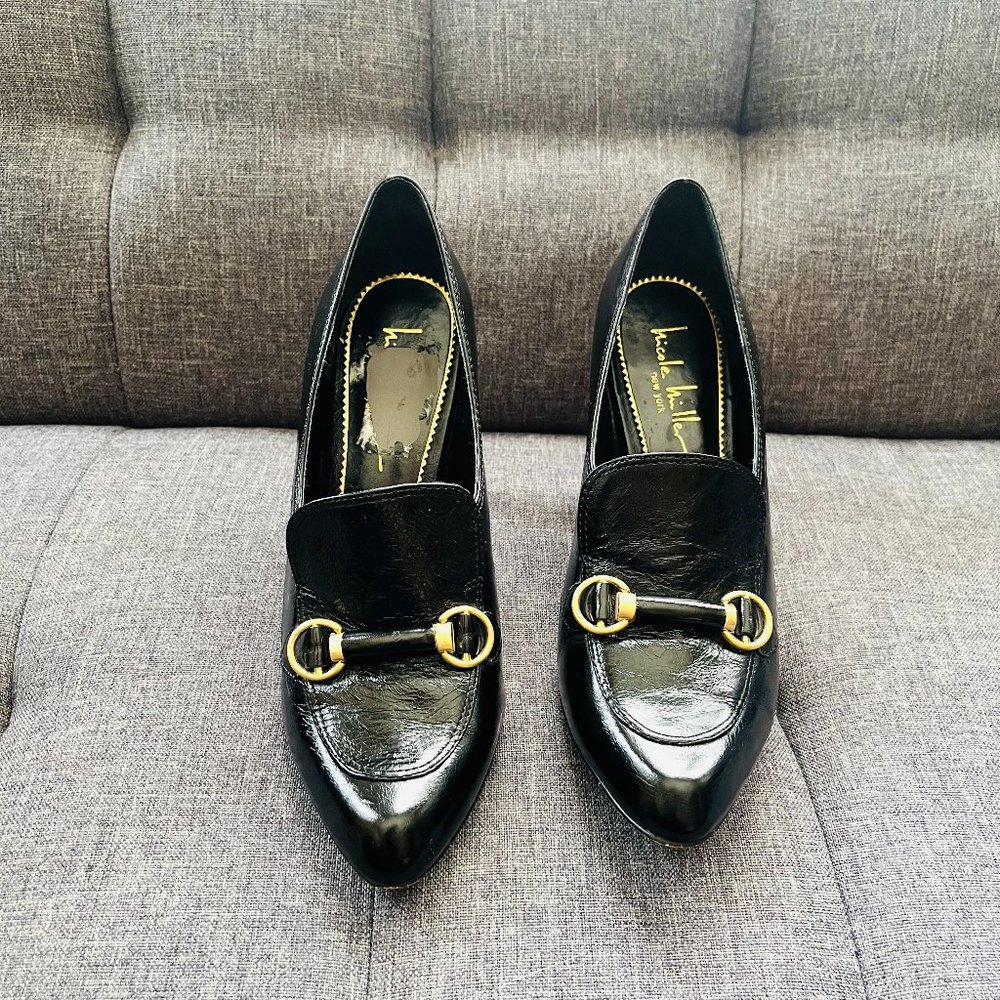 Nicole Miller New York Quality LEATHER Heels Shoes Black  Gold Metallic size 6.5
